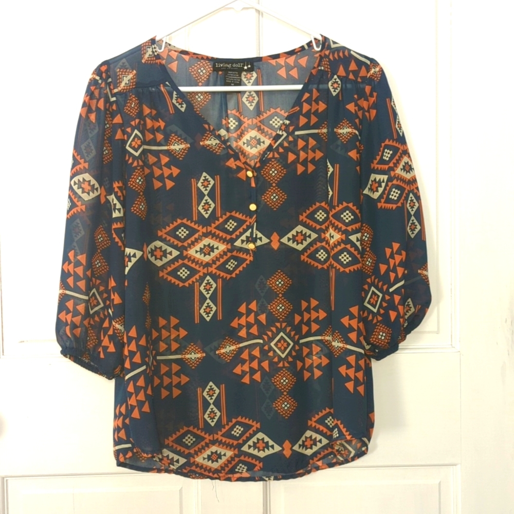 Southwest sheer blue orange and cream blouse